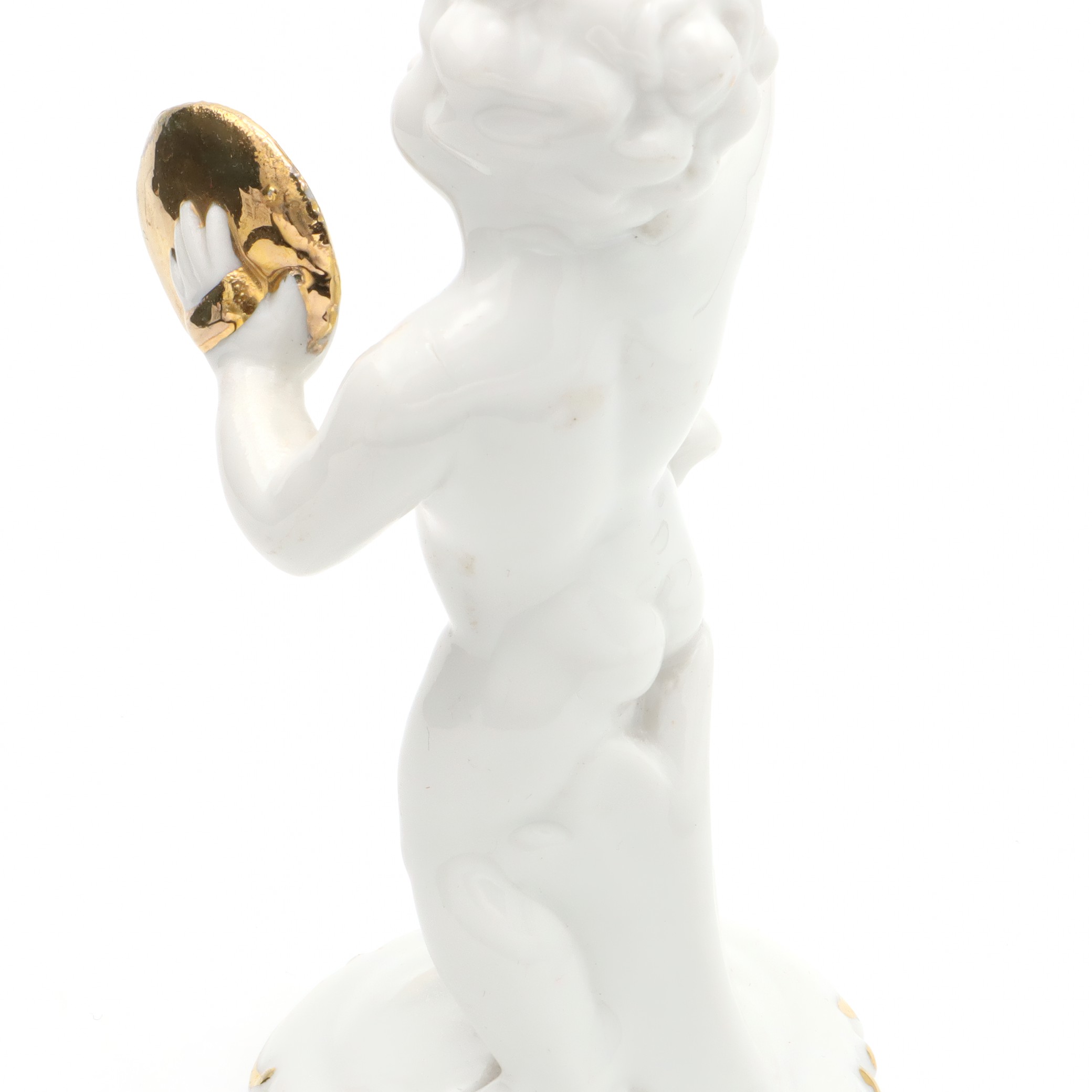 Porzellan-Figur Statue Miniatur Dekoratives Ornament Capodimonte Engel Putto Vergoldete Zimbeln Art Deco Handbemalt, Vintage Keramik Sammlerskulptur